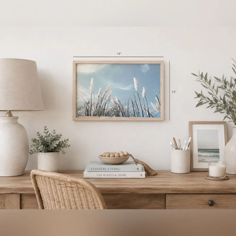 Coastal Blue Feather Willow 19”x13” Wall Print Wood Frame EUC